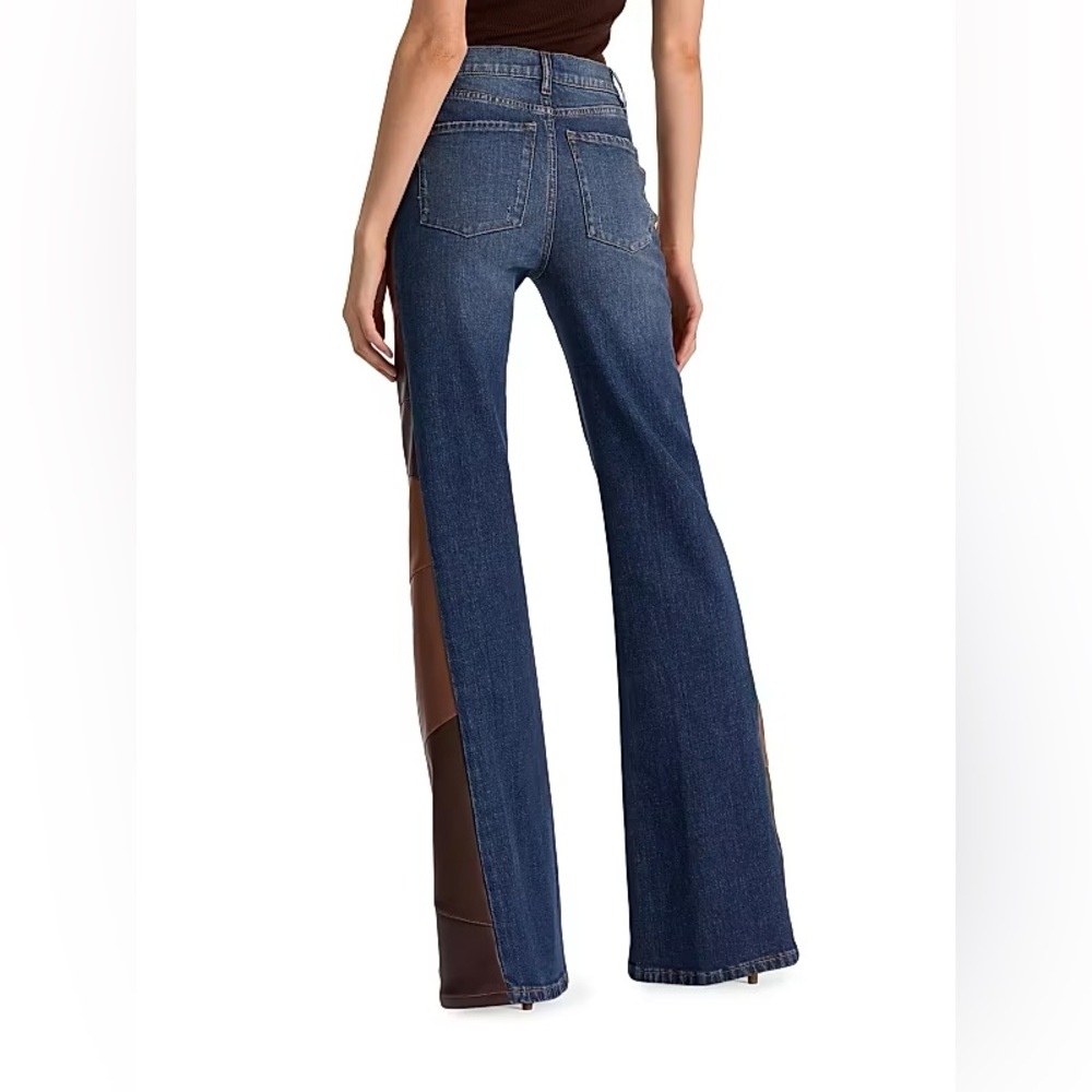 Alice + Olivia Faux Leather Patchwork High Rise Blue Flare Jeans - Picture 4 of 9